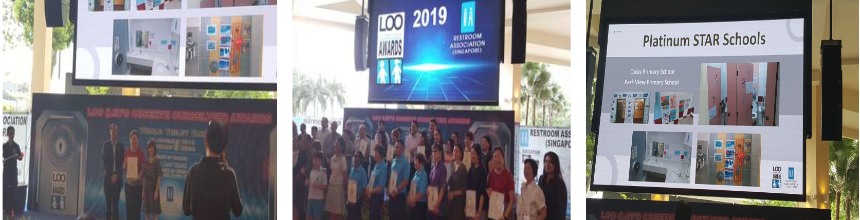 Three screens at the 2019 Loo Awards event showing group photos and a Platinum STAR Schools slide.
